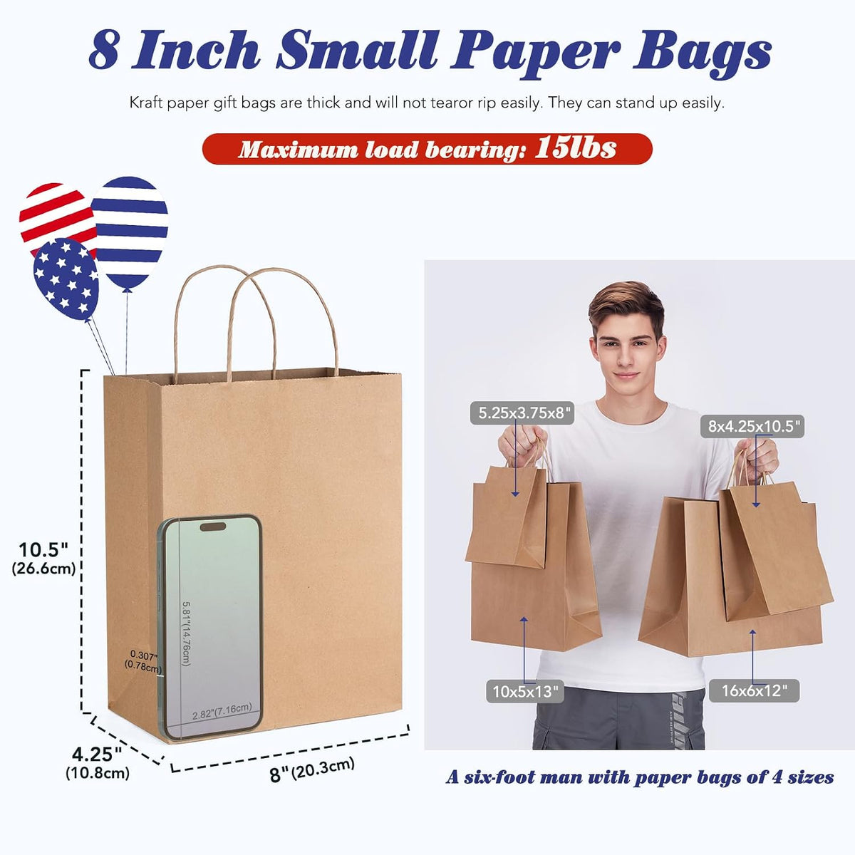 Medium Brown Kraft Paper Bags with Handles, 8x4.25x10.5, 100 Pack