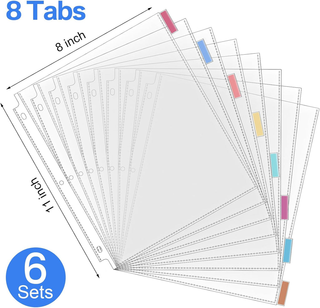6 Set of 48 Pack Clear Sheet Protectors with 8 Tab Dividers for 3 Ring Binder, Letter Size 8.5 x 11 Plastic Page