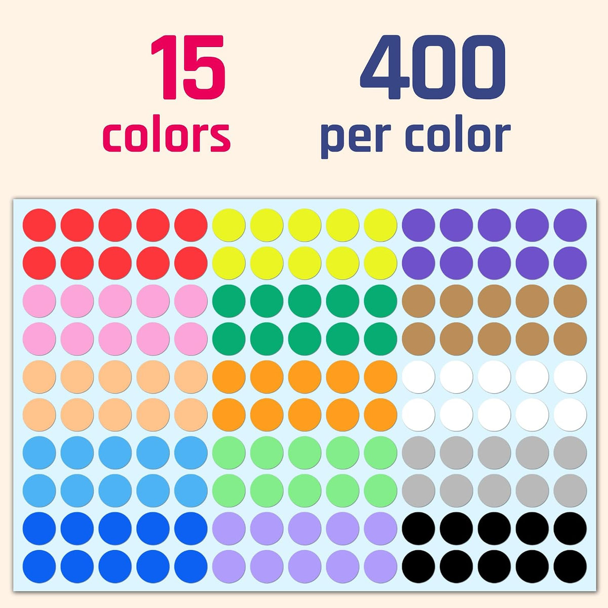 6000 Pieces, 1/2" - Colored Dot Stickers, Round Labels - 15 Colors