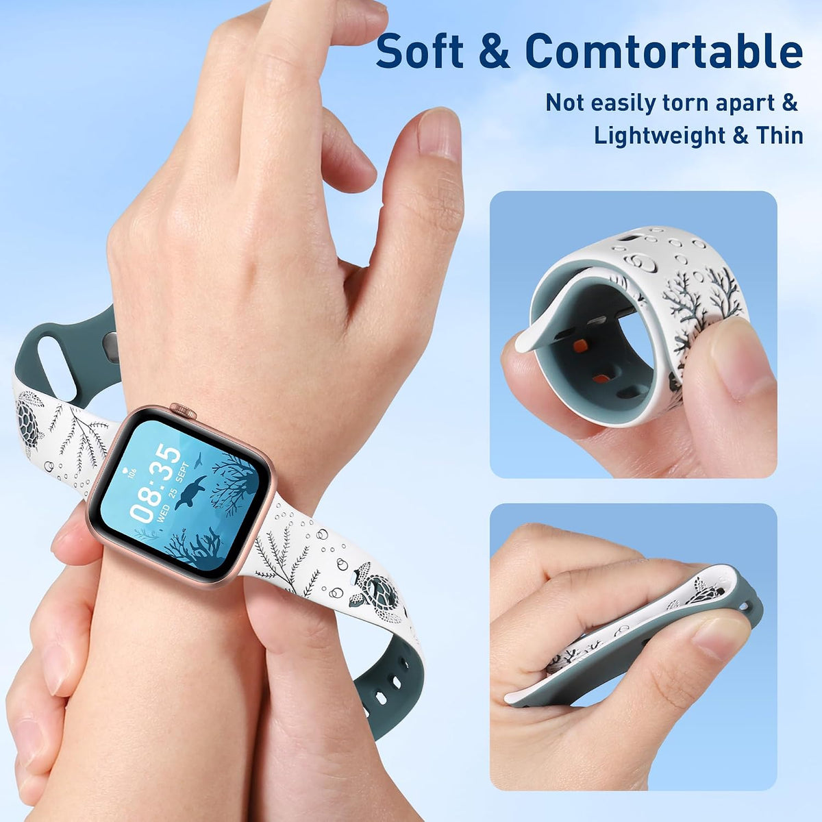 Cute Sea Turtle Engraved Band Compatible with Apple Watch Bands Women Men | Soft Silicone 38mm 40mm 41mm 42mm 44mm