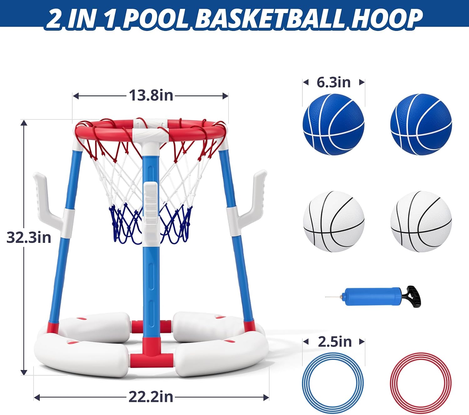 2 in 1 Pool Basketball Hoop with Ring Toss, Floating Pool Toys, Red | Anti-Tip Stable Base with 4 Balls/8 Rings/Pump