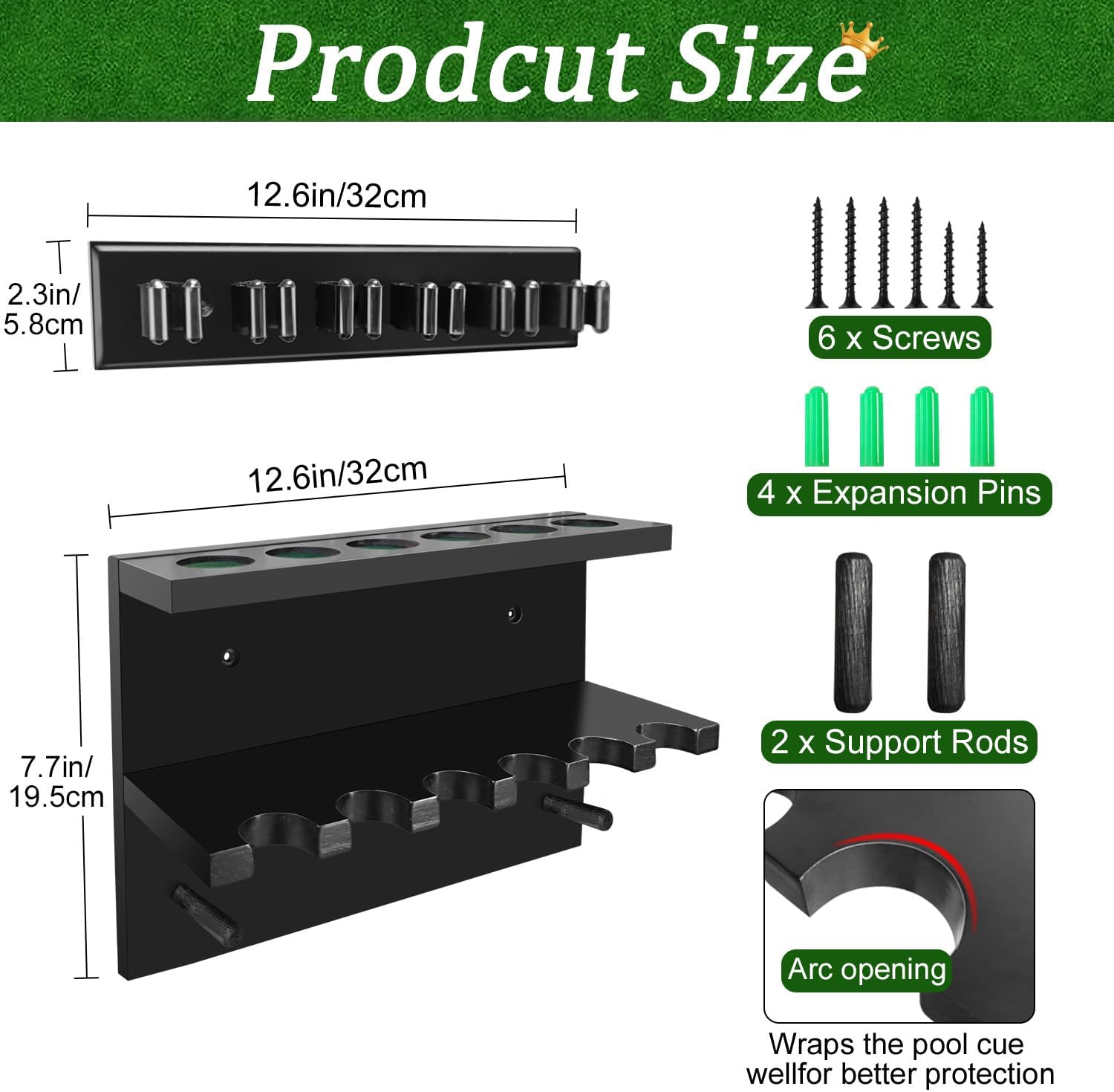 Pool Cue Rack Stick Holder, Billiards Pool Cue Rack Wall Mount Hardwood Pool Cue Set Holder for 6 Cues Sticks Storage