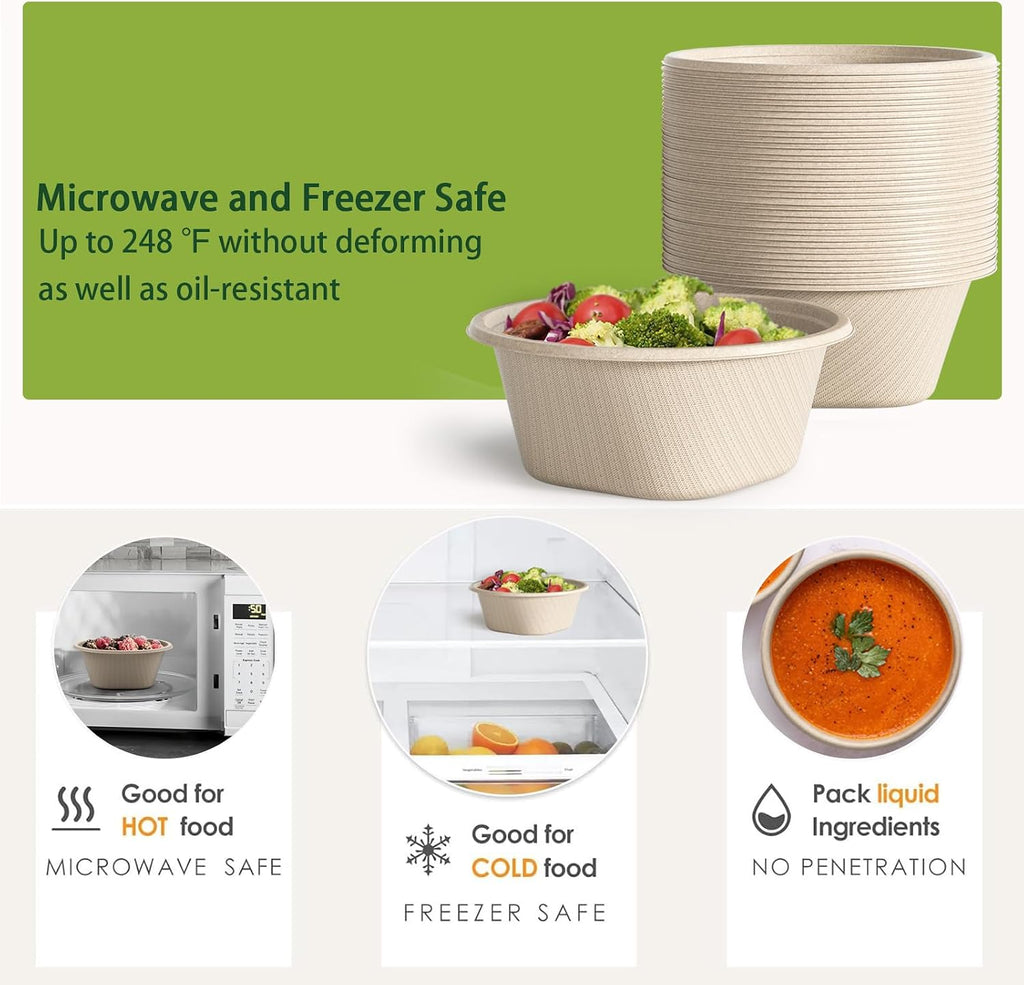 32 Oz Deep Paper Bowls Disposable Bowl - Disposable Heavy Duty Compostable Bowls, Eco-friendly Sugarcane Bagasse