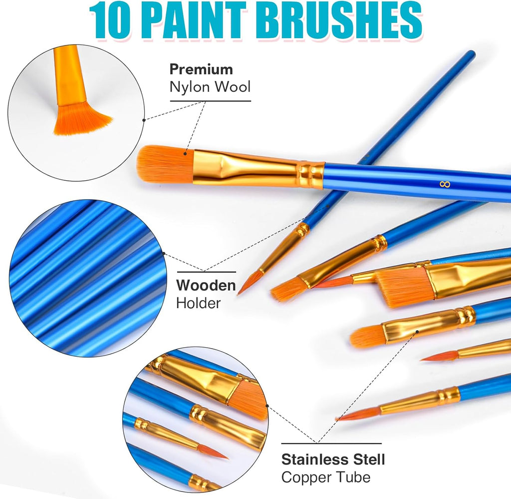 26 PCS Acrylic Paint Set with 12 Colors Acrylic Paints (12ml, 0.4 oz), 10 Paint Brushes, 2 Canvas, 1 Wood Easel, 1