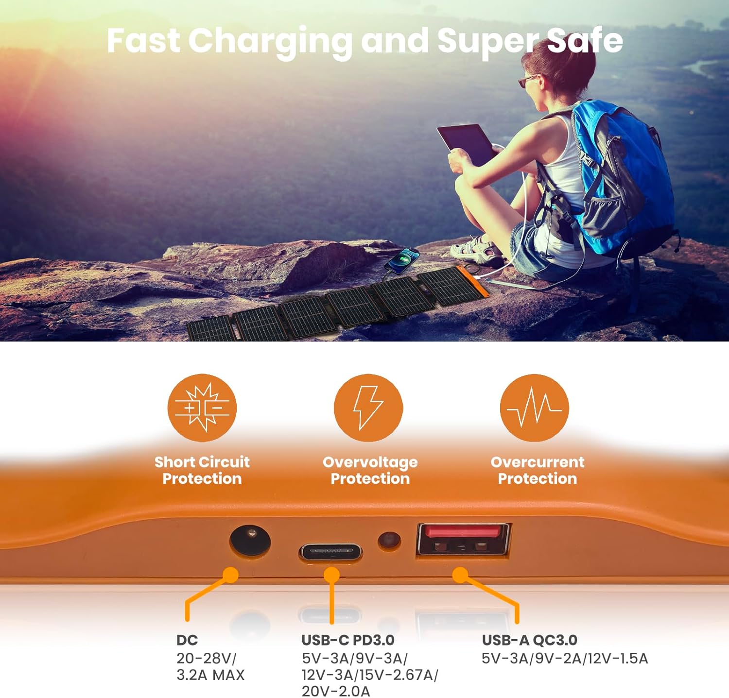 60W Foldable Solar Panel,USB-C/USB-A QC3.0/DC 20-28V Port | IP67 Waterproof Solar Panel for RV Camping Backpacking