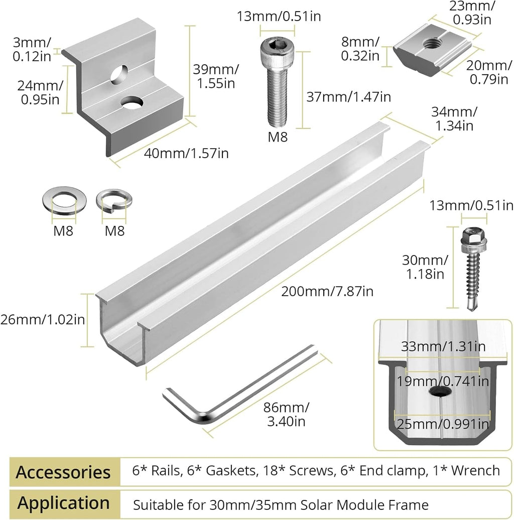 Solar Panel Roof Mounting Kit, 7.87" Aluminium Solar Rail & Clamps | Solar Panel Bracket For Thickness 30/35 mm