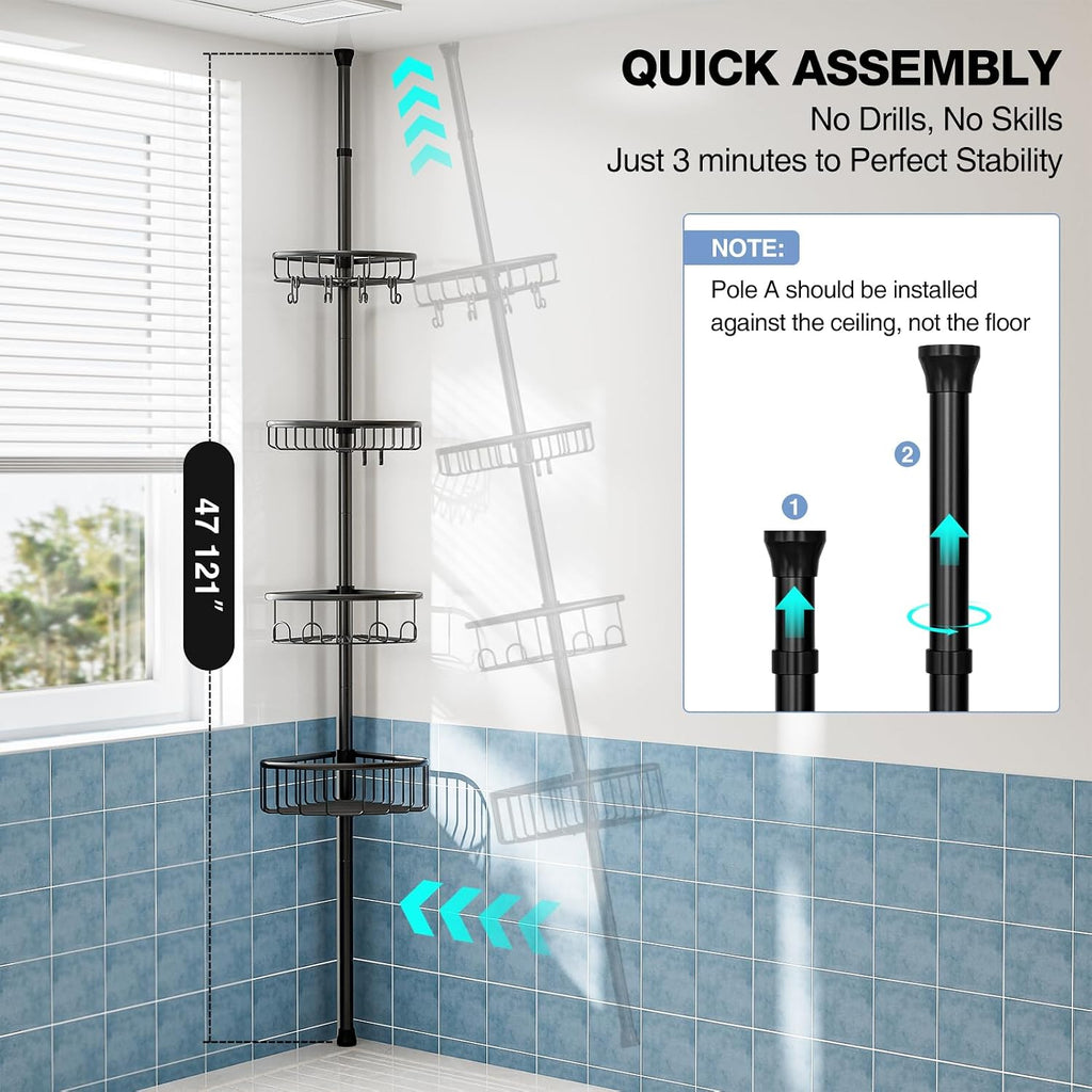 Corner Shower Caddy Tension Pole: Stainless Steel Rustproof 4-Tier Shower Organizer - 47-121 inch Adjustable Bathroom