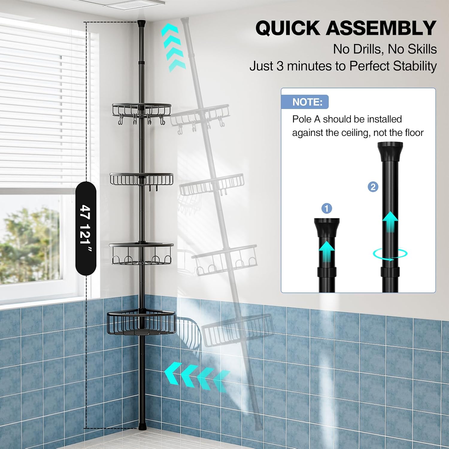 Corner Shower Caddy Tension Pole: Stainless Steel Rustproof 4-Tier Shower Organizer - 47-121 inch Adjustable Bathroom