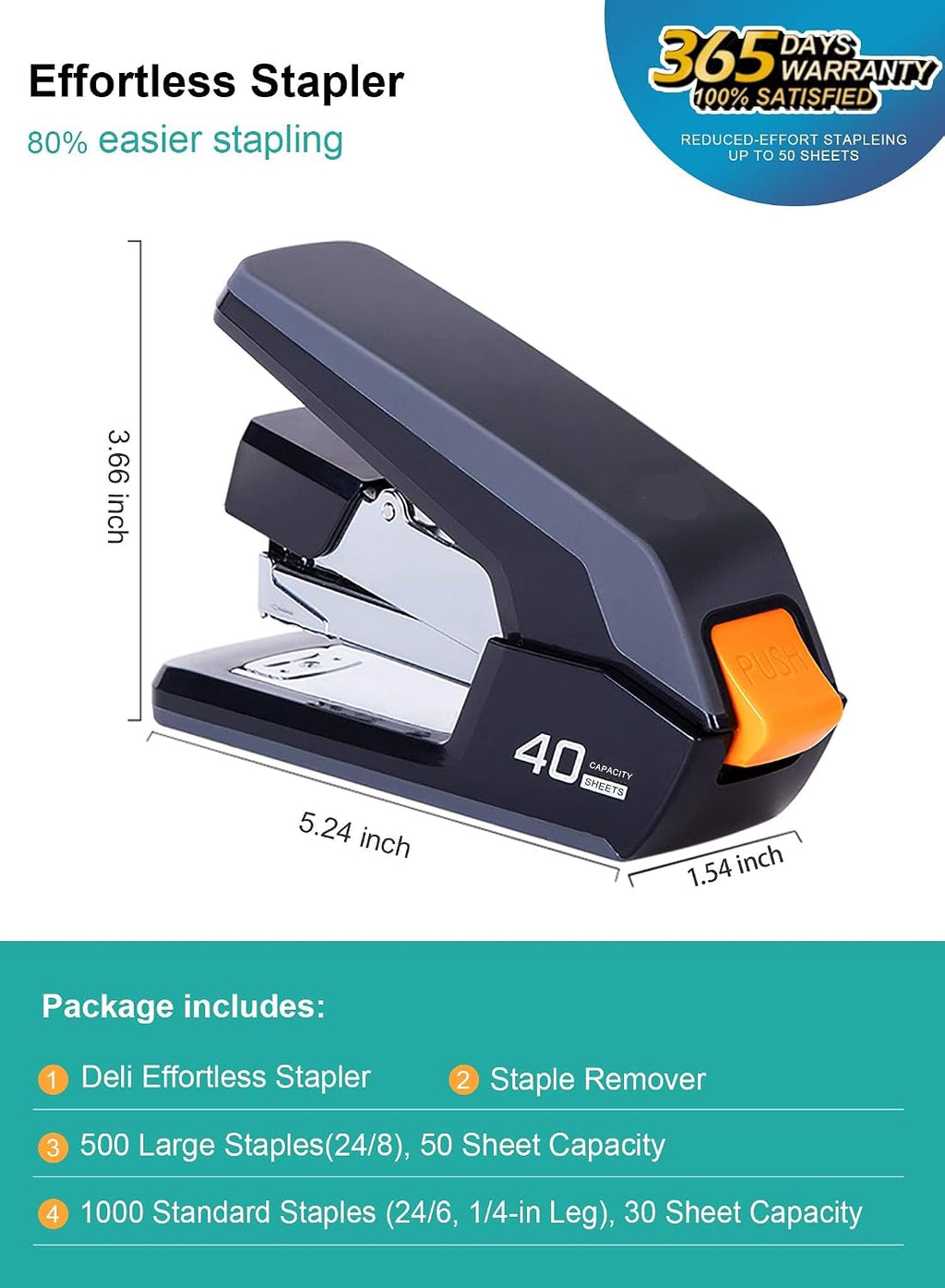 Effortless Desktop Stapler, 40 Sheet Capacity, One Finger Stapling