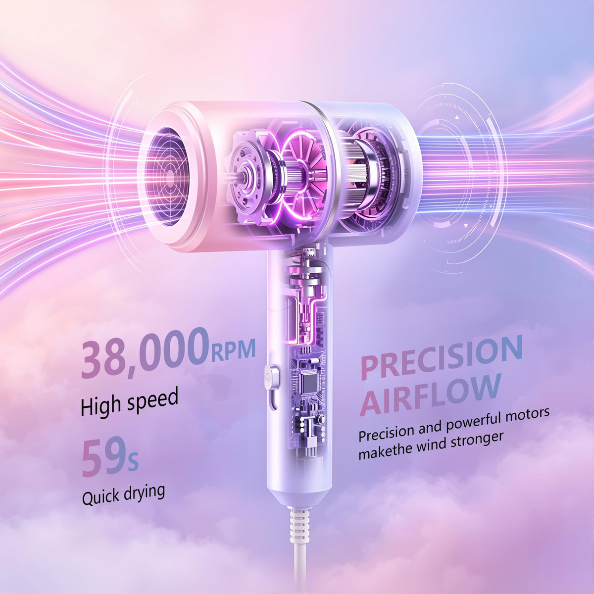 Foldable Ionic Hair Dryer with Diffuser, 1875W, Pink Blue