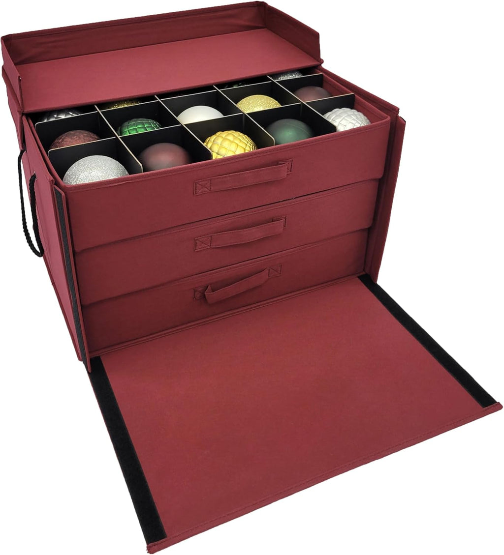 Christmas Ornament Storage Box, Holds 60-4 Inch Ornaments | Adjustable Acid-Free Dividers, 3 Removable Trays with