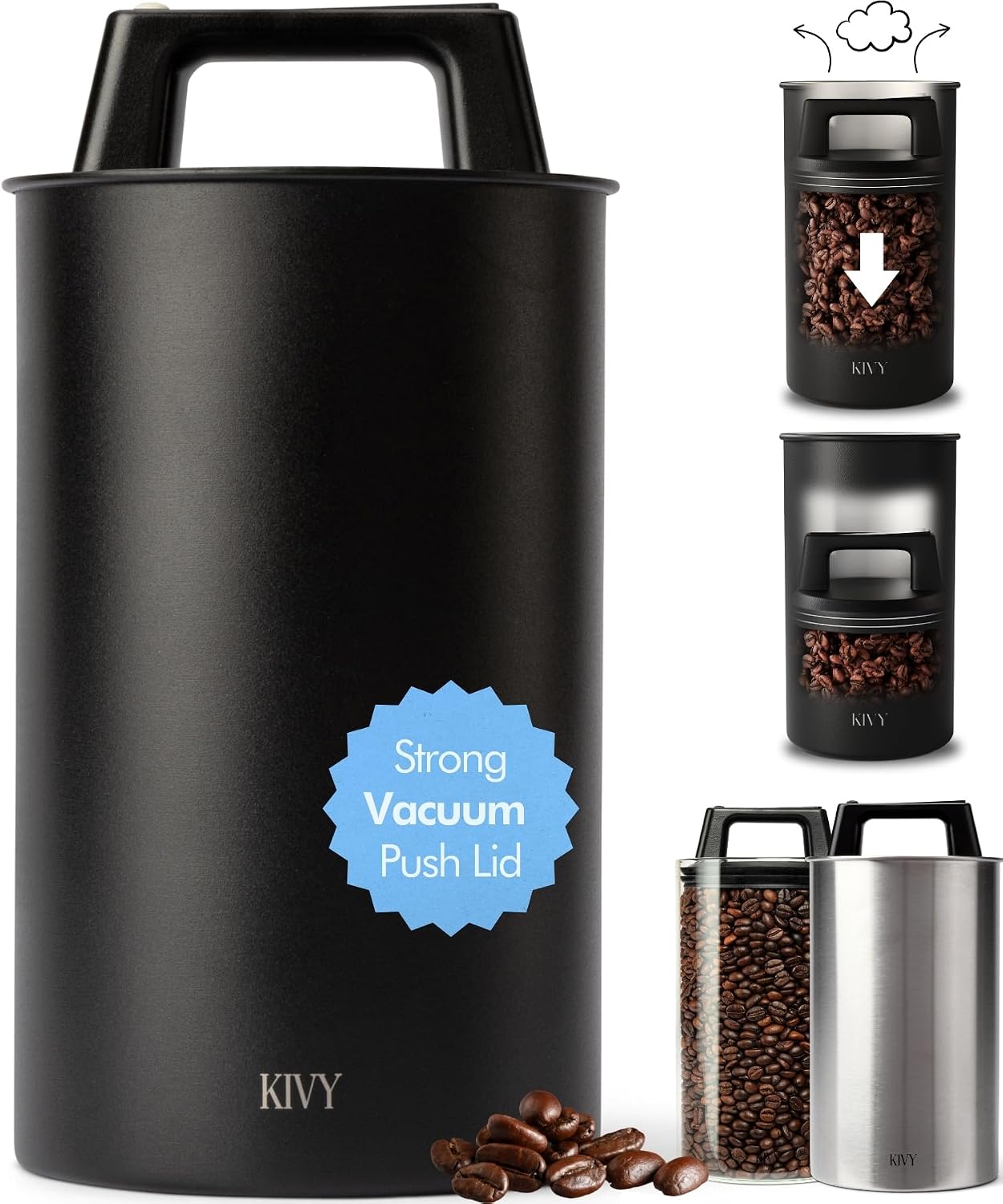 Vacuum Coffee Canister - Push Lid Preserves Coffee Aroma & Oil | Stainless Steel Airtight Coffee Canister - Container