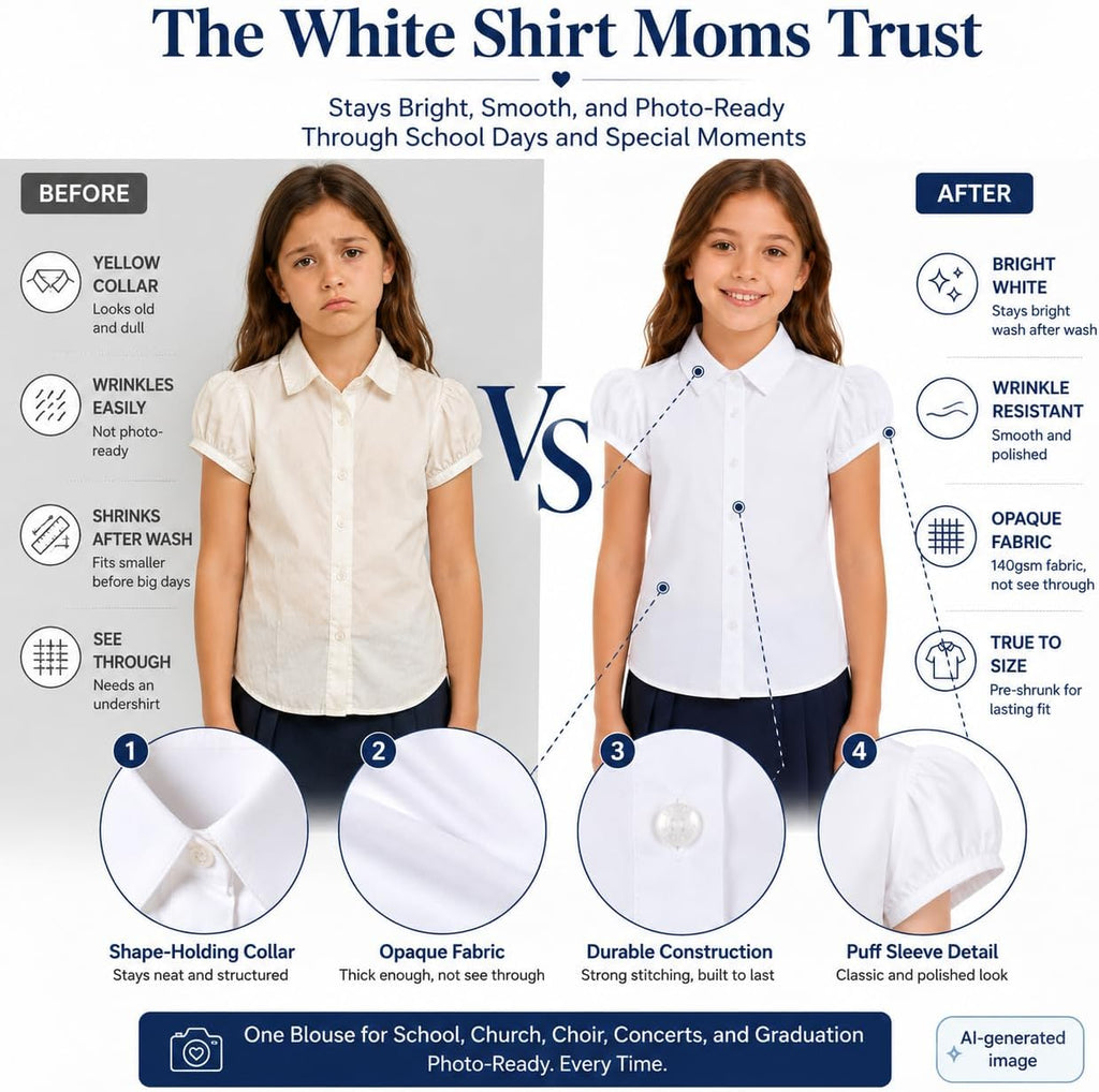 White Wrinkle-Free Girls Blouse: School Uniform Cotton Shirt | Ages 6-13