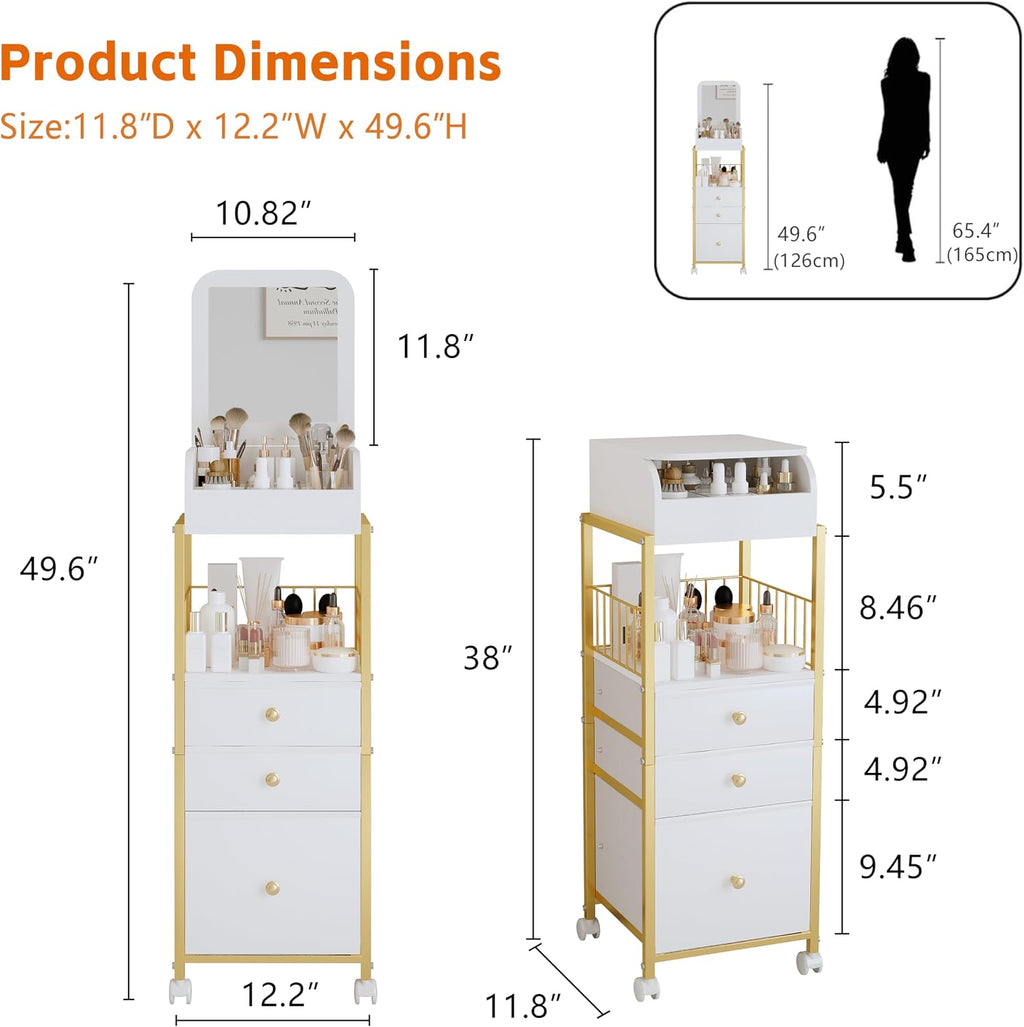 Makeup Cart Organizer with Mirror, Floor Makeup Organizer Large | Make Up Organizers Vanity Cart Cosmetic Display
