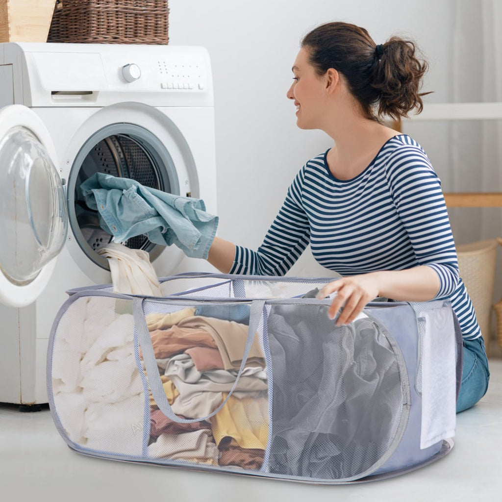 Durable Collapsible Foldable Pop Up Laundry Hamper, Sturdy 3 Compartments, Handy Pocket & Easy to Sort Clothes