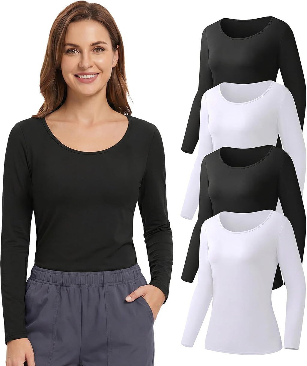 4-Pack Women's Long Sleeve Underscrub Base Layer Tops for Nurses