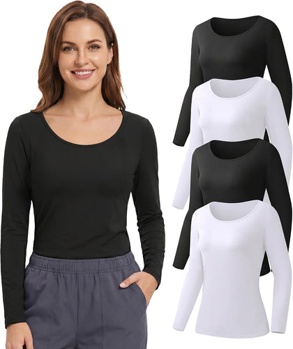 4-Pack Women's Long Sleeve Underscrub Base Layer Tops for Nurses