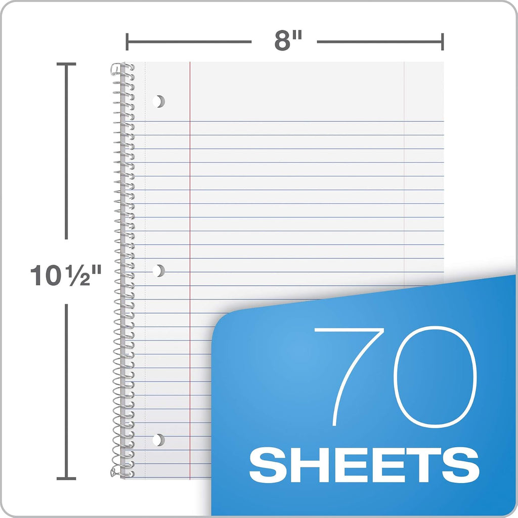 1-Subject Notebooks, School Journal, 8 x 10-1/2 Inch, Wide Rule Paper, 70 Sheets, 3-Hole Punch, 3 Pack, Red, Blue