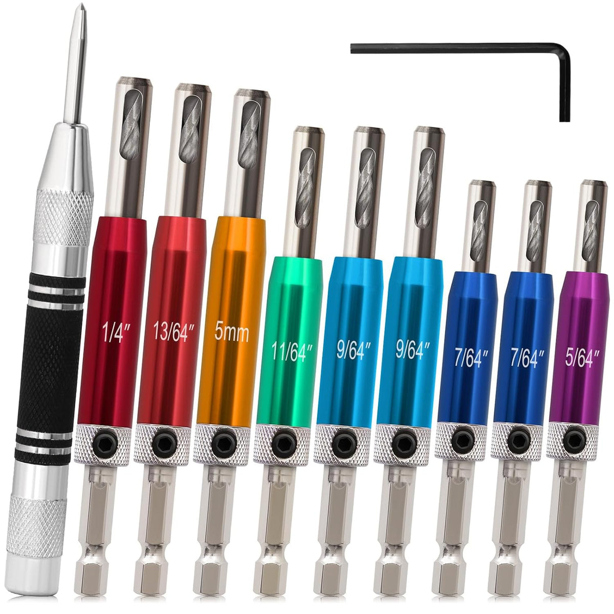 Self Centering Drill Bit Set with Center Punch, 1/4" Hex Shank