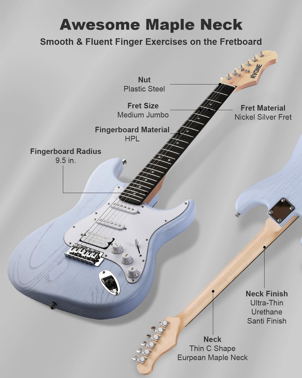 RST-150 39”Beginner Electric Guitar Kit with Amplifier, Classic HSS Pickup, Electric Guitar with Gig Bag, Capo