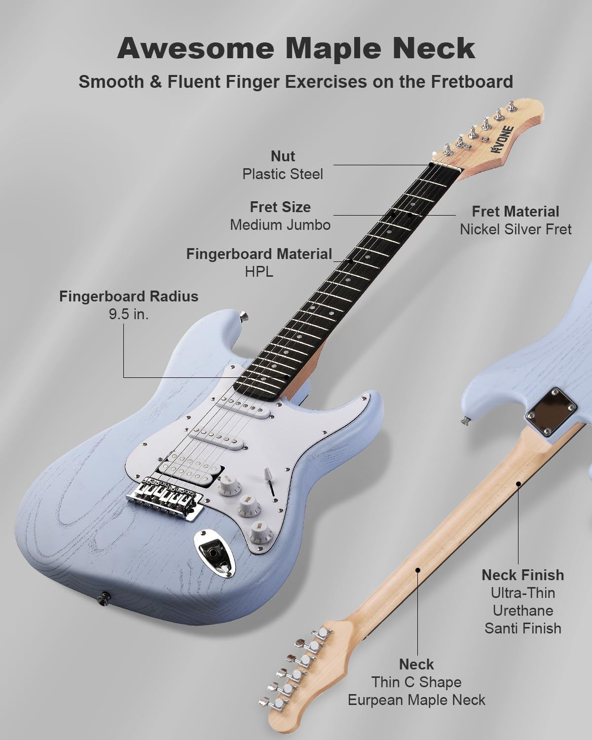 RST-150 39”Beginner Electric Guitar Kit with Amplifier, Classic HSS Pickup, Electric Guitar with Gig Bag, Capo