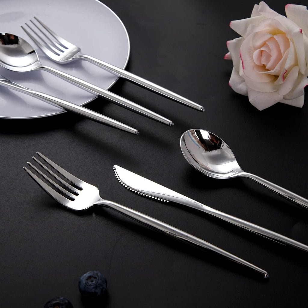 150Pcs Silver Plastic Silverware Set, Heavy Duty Disposable Cutlery Includes 50 Forks, 50 Spoons and 50 Knives for