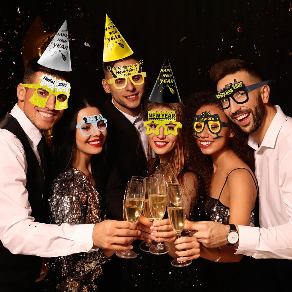 New Years Eve Party Supplies 2026 for 12, New Years Eve Party Decorations, 6 Hat, 6 Glasses, 12 blowouts, 6 Table