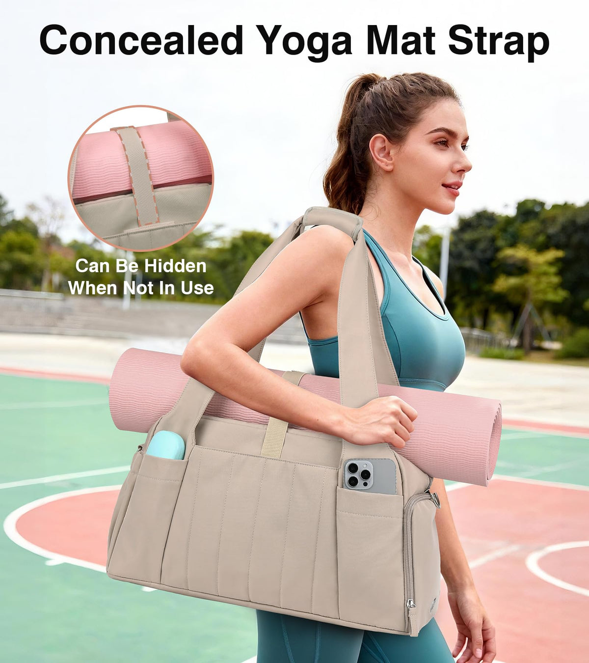 Gym Bag for Women with Yoga Mat Holder, Khaki