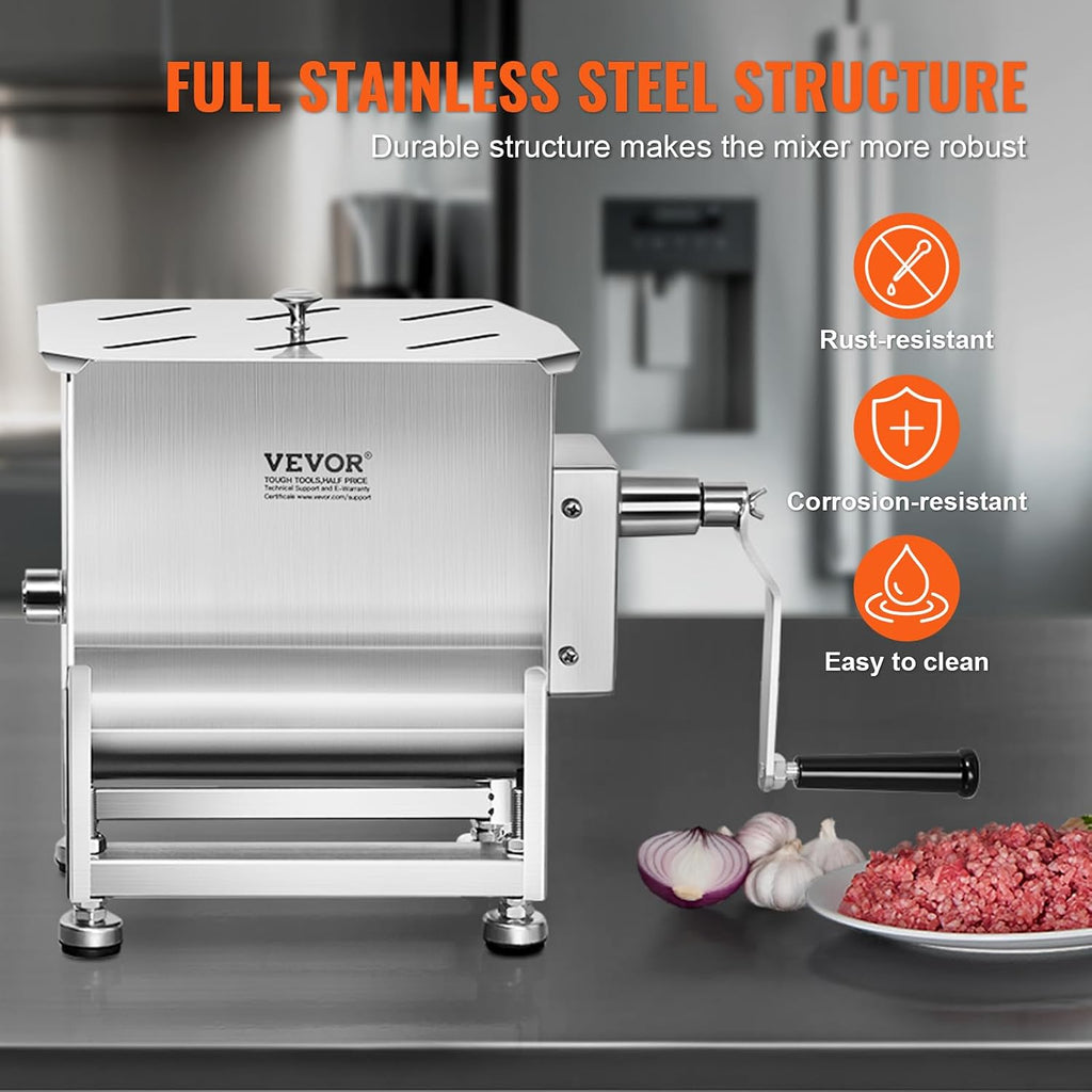 Manual Meat Mixer, 20L Fixed Tank – Heavy Duty Stainless Steel Hand Mixer for Ground Beef & Sausage, Max 30lb Mixing