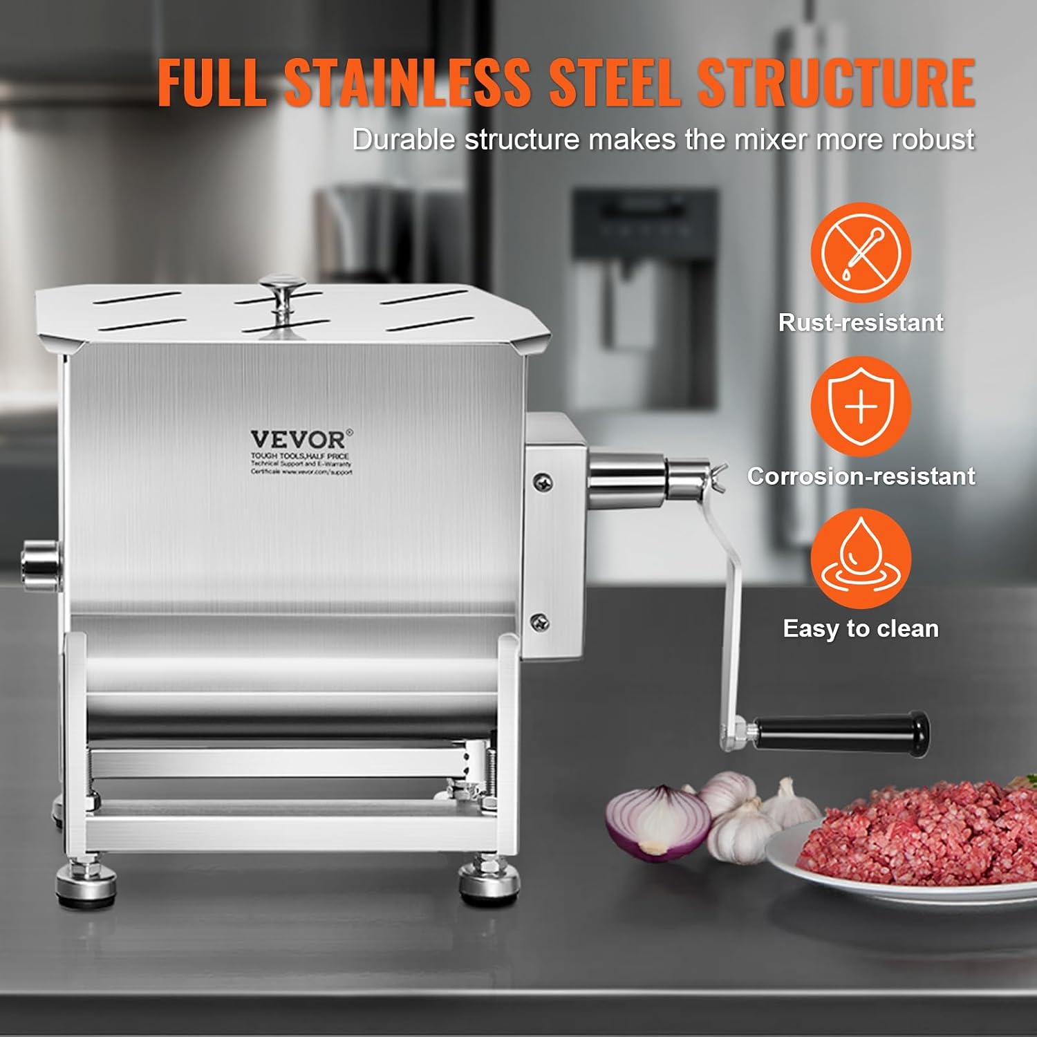 Manual Meat Mixer, 20L Fixed Tank – Heavy Duty Stainless Steel Hand Mixer for Ground Beef & Sausage, Max 30lb Mixing