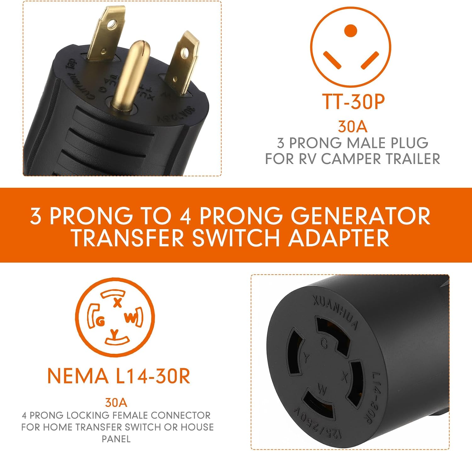 NEMA TT-30P to L14-30R Generator Transfer Switch Adapter, 30 Amp 3 Prong to 4 Prong Lock RV Generator Plug Adapter to