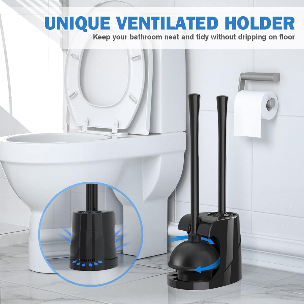 Toilet Plunger and Brush, Bowl Brush and Heavy Duty Toilet Plunger Set with Ventilated Holder, 2-in-1 Bathroom