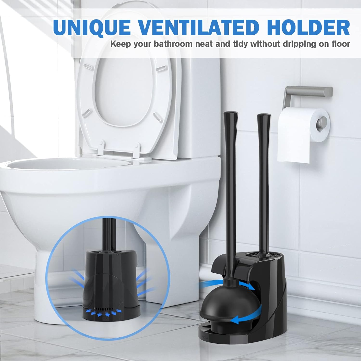 Toilet Plunger and Brush, Bowl Brush and Heavy Duty Toilet Plunger Set with Ventilated Holder, 2-in-1 Bathroom