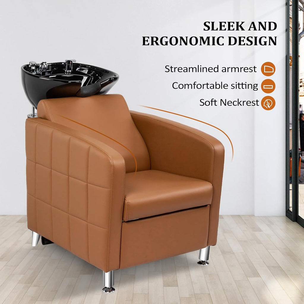 Salon Shampoo Bowl and Chair, Extra Wide Seat & Porcelain Hair Washing Sink, Shampoo Unit for Beauty Spa Barbershop