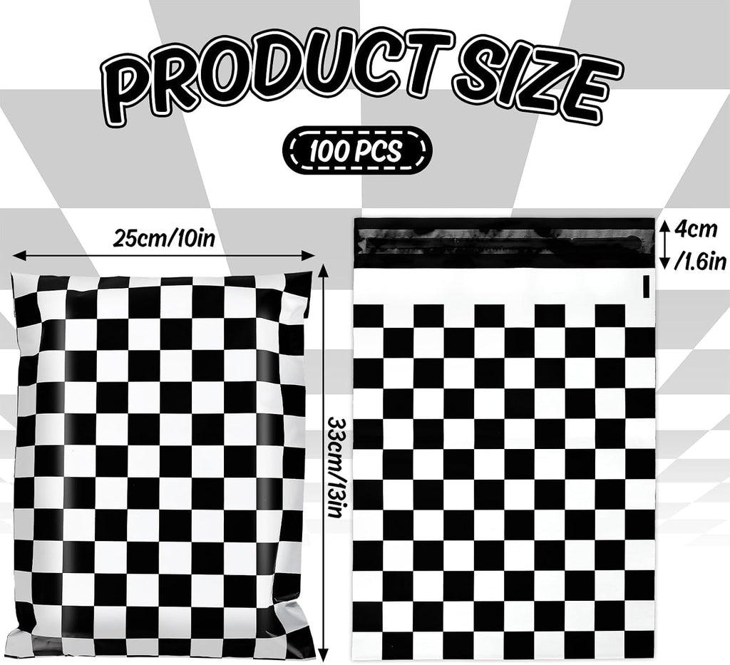 100Pcs 10 x 13in Checkered Poly Mailers Classic Black and White Plaid Packing Bags with Self-Sealing Decorative Gift