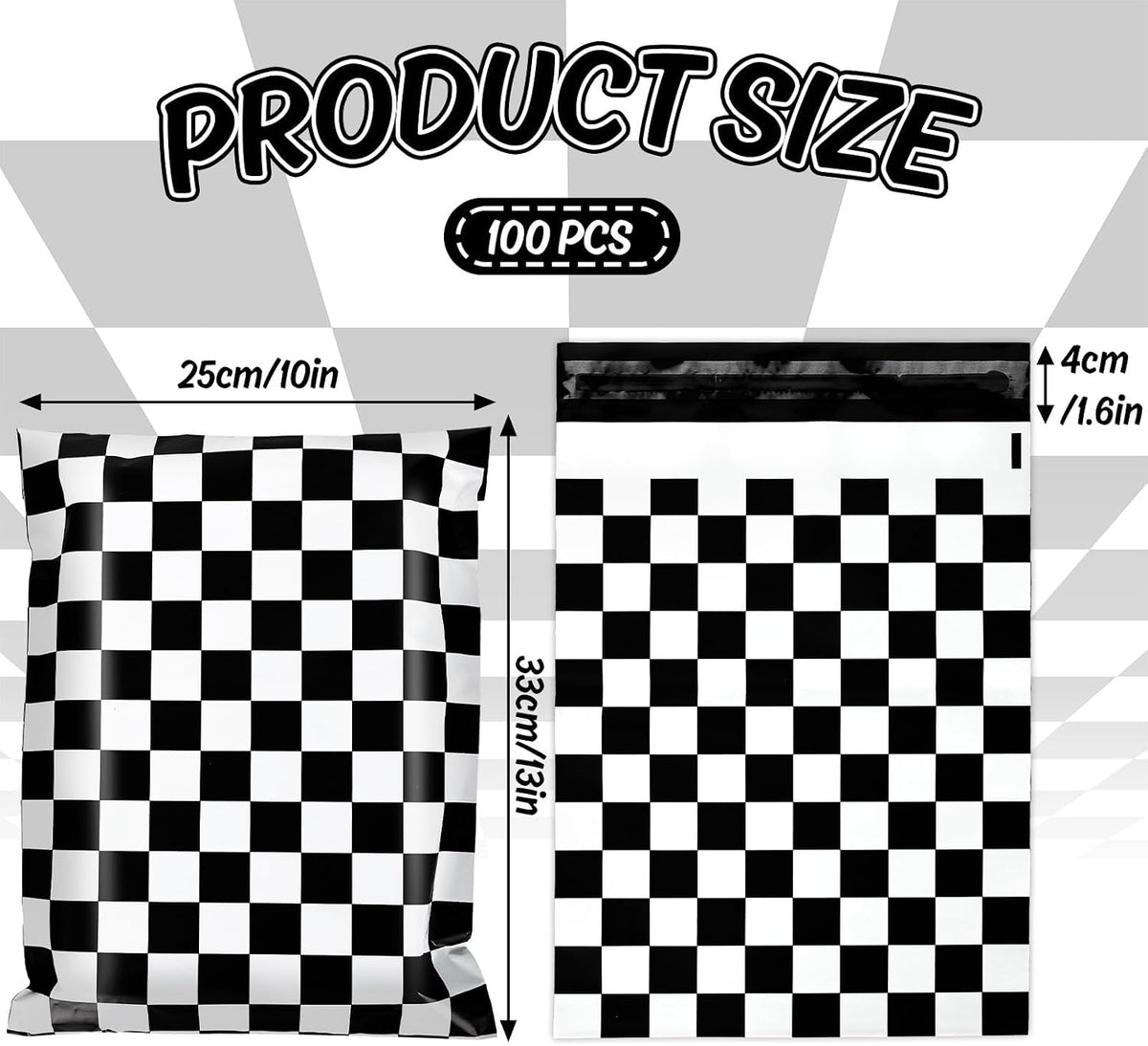 100Pcs 10 x 13in Checkered Poly Mailers Classic Black and White Plaid Packing Bags with Self-Sealing Decorative Gift