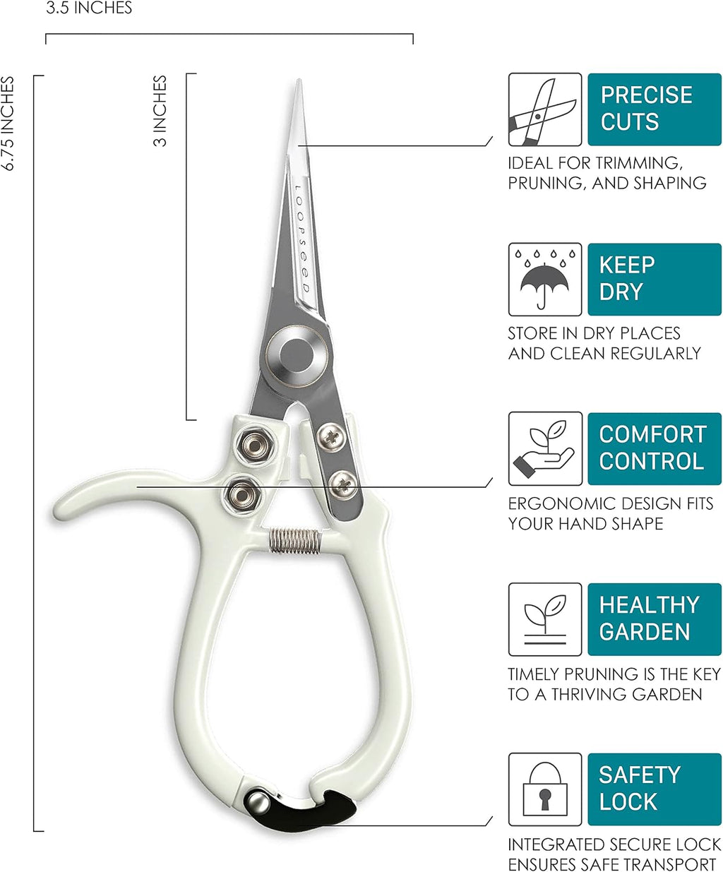 Precision Plant Pruning Shears - Straight Blade, White | Ergonomic garden trimming scissors with sharp tapered tip