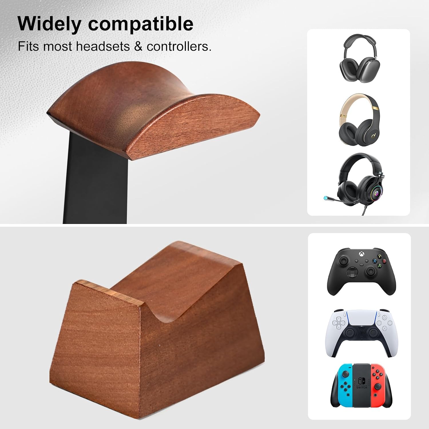 Headphone and Headset Stand with Controller Holders for Gaming Desk | Solid Wood, Holds 2 Controllers, Storage Tray