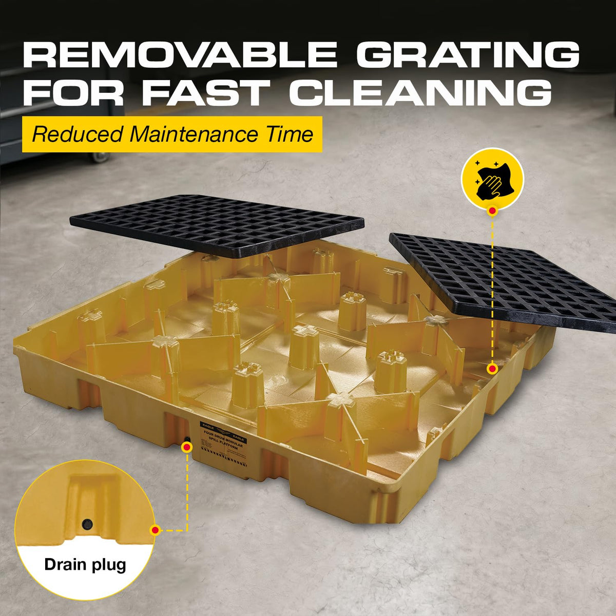 Square 4 Drum Spill Containment Pallet with Drain, Made in USA,Yellow