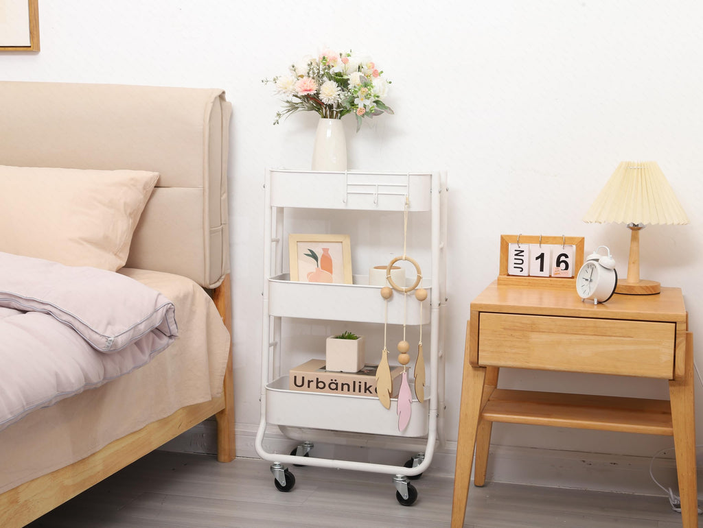 Slim 3-Tier Rolling Utility Cart with Extra Hook, White