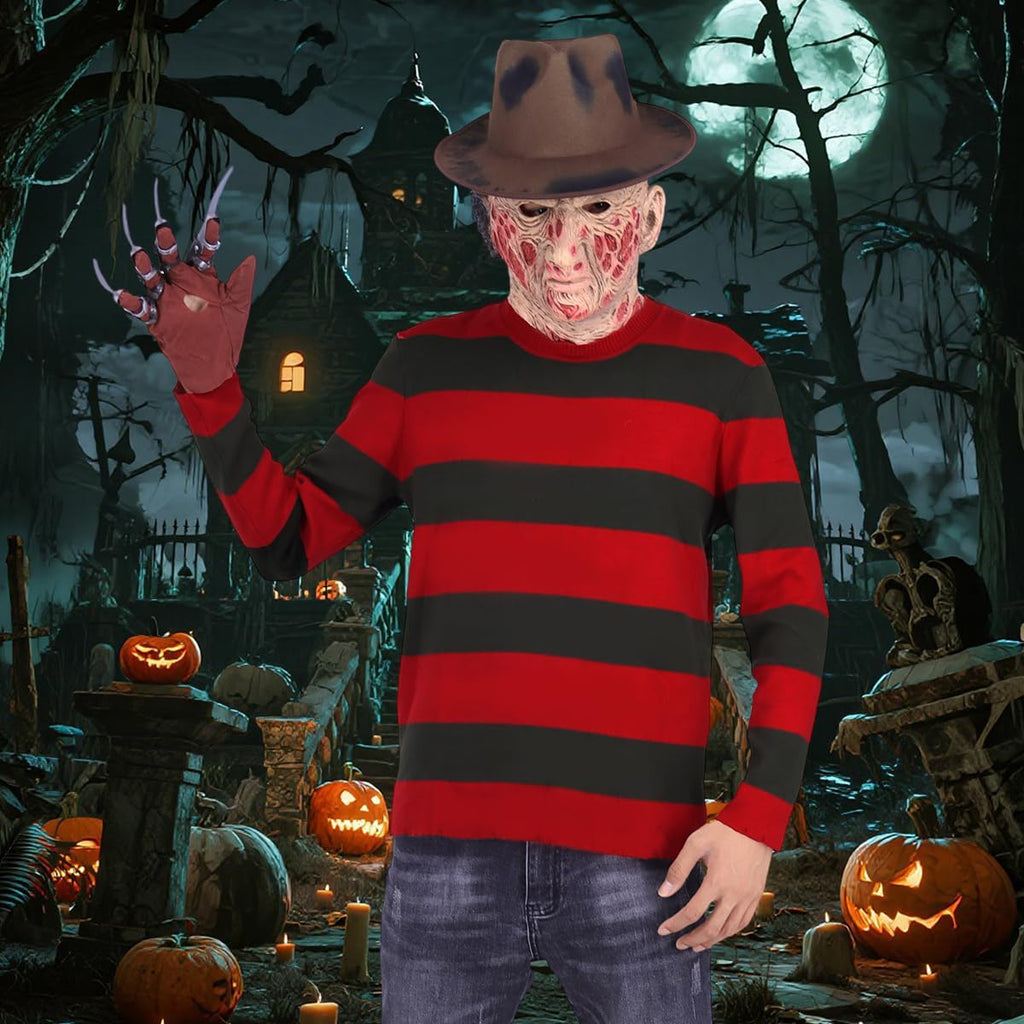 Adult Halloween Costumes for Mens Horror Costume Striped Sweater with Hat Claw Gloves Mask
