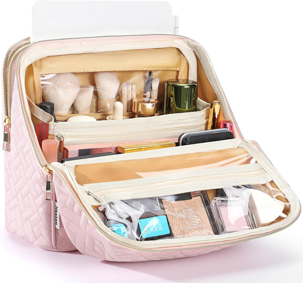 Makeup Bag, Large Capacity with Room for Brushes and Mirror, Travel Makeup Organizer, Portable Standing Make Up Case