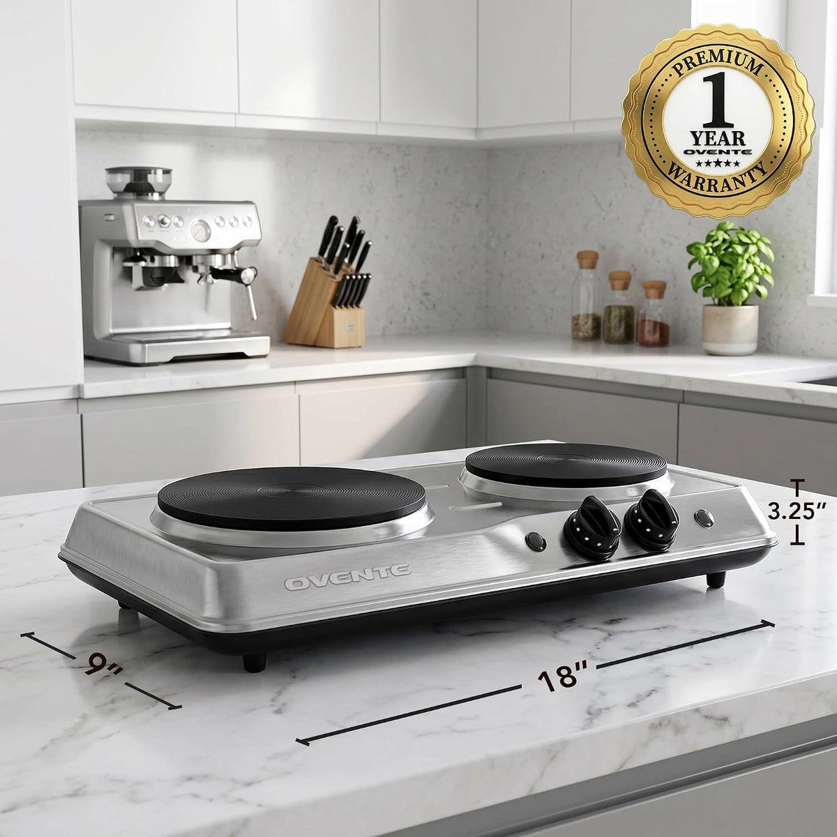 Electric Cast Iron Double Burner, 1700W Hot Plate, Silver BGS102S