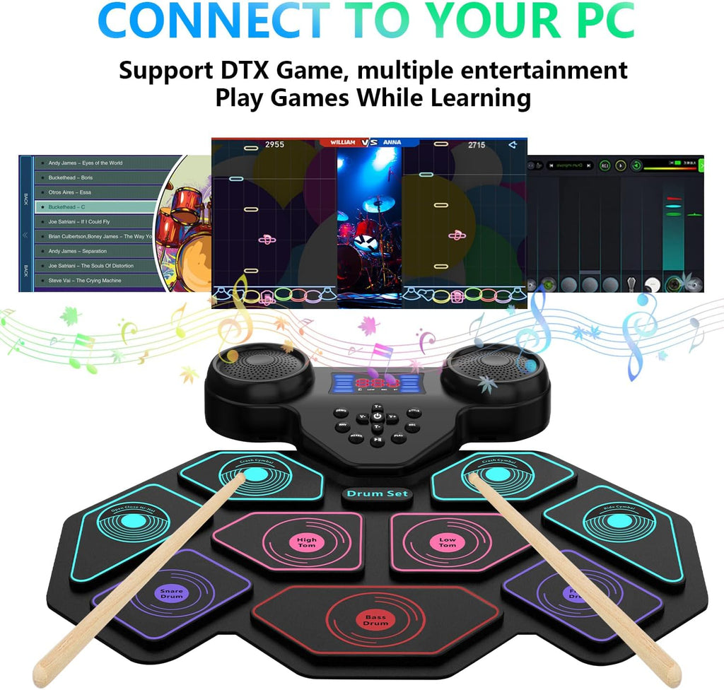 Electronic Drum Set - YUOIOYU Electric Drum Set Roll Up Portable Drum Kit MIDI Practice Drum Pad with Dual Built-in