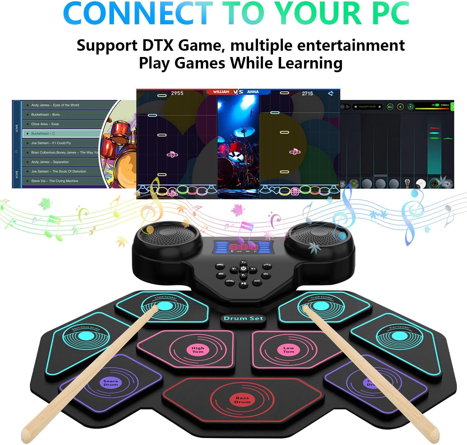 Electronic Drum Set - YUOIOYU Electric Drum Set Roll Up Portable Drum Kit MIDI Practice Drum Pad with Dual Built-in