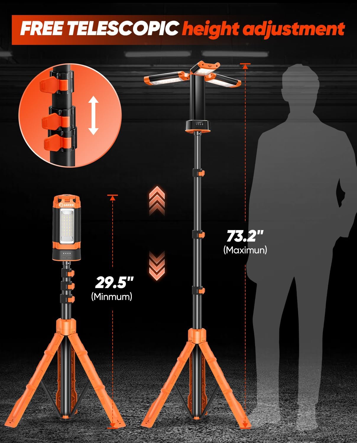 Portable Camping Light with Stand 73inch 20000mAh Rechargeable LED Work Lights 3200 Lumen 4000/6500K Emergency Lights