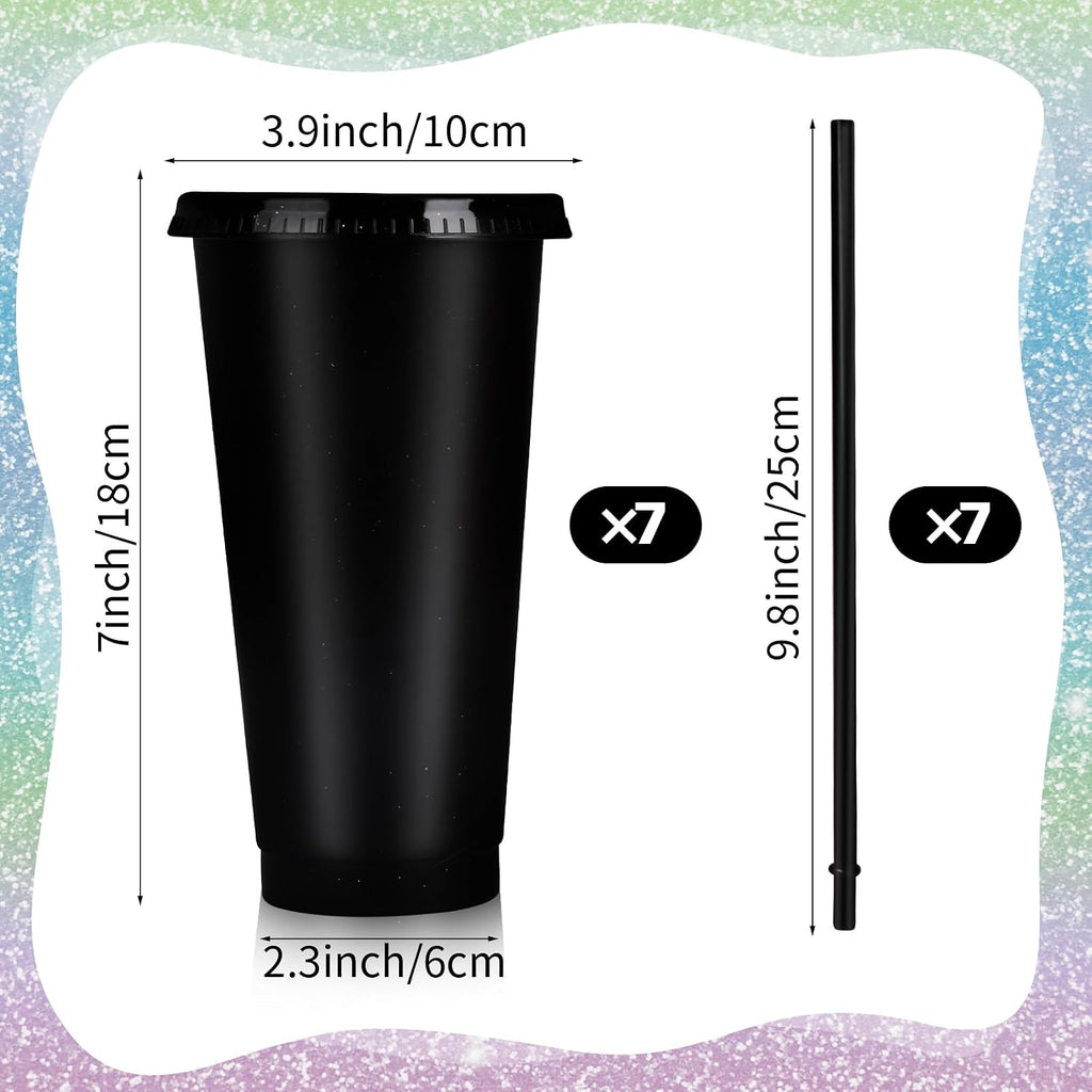 7 Sets Reusable Cups with Lids and Straws 24 oz Plastic Tumblers Black Party Favor Cups Water Bottle Iced Coffee