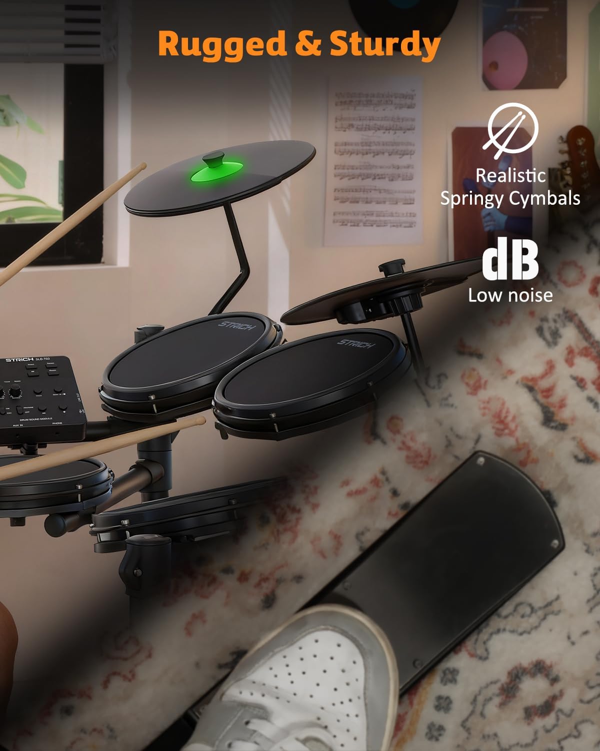 Electric Drum Set with Mesh Heads, LED Light-Up Drum Pads, USB MIDI, Quiet Foldable Electronic Drum Kit with