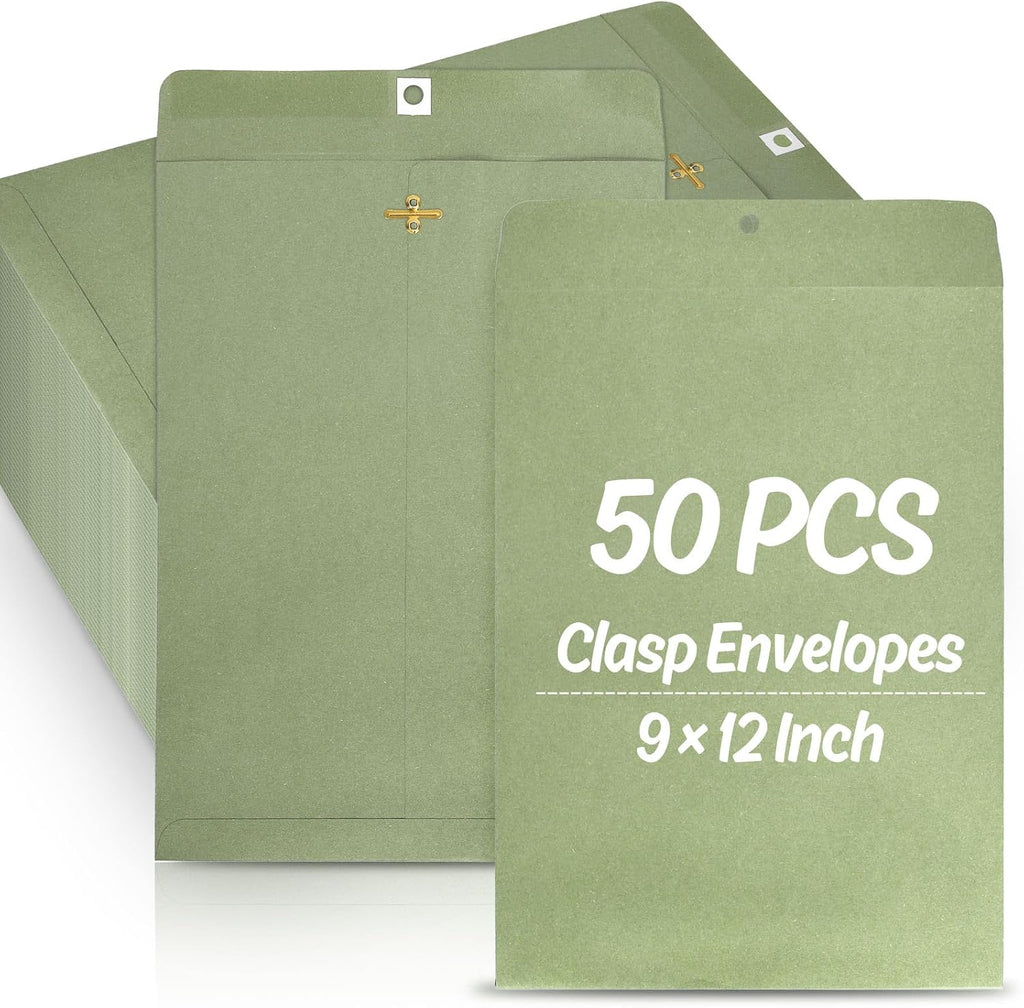 9 x 12 Inch Clasp Envelopes Manilla Envelopes Saga Green Gummed Mailing Envelopes with Clasp Closure & Gummed Seal