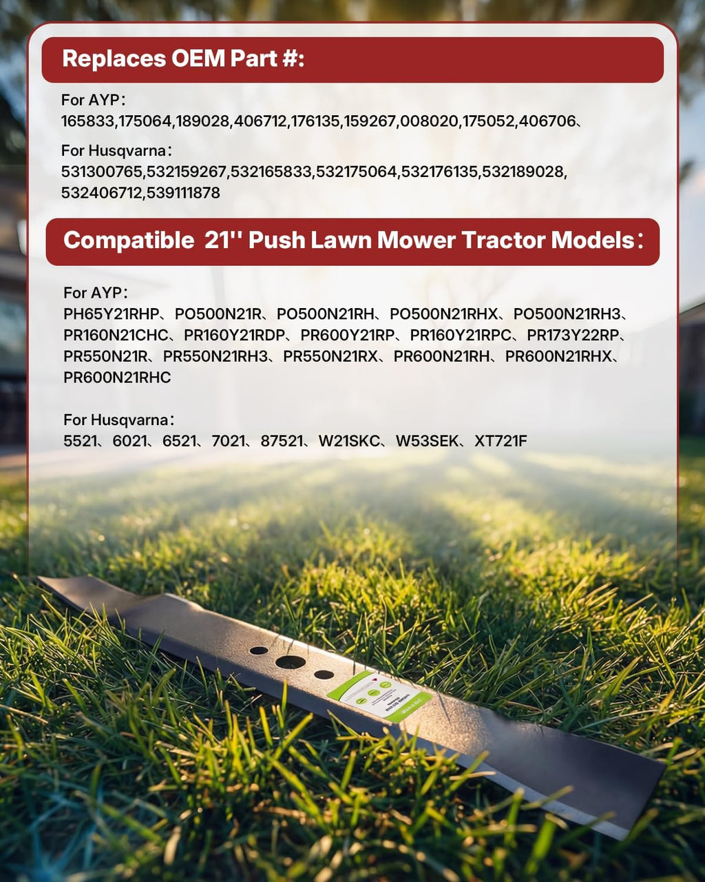 21 inch Lawn Mower Blade for Craftsman 406712, 532406712, for Husqvarna 21 inch Deck Push Walk Behind Lawnmower, Circle Mulching Lawn Mower Blade, Replacement Part 189028, 532189028, 165833, 175064